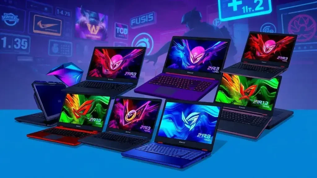 Uma ilustração mostrando a variedade de notebooks gamers, com um fundo vibrante destacando o design exclusivo de cada modelo.